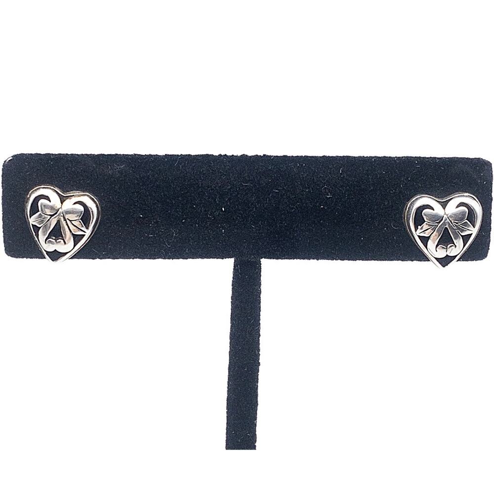 Silver Tone Heart Bow Stud Earrings Small Dainty Pierced 3/8"